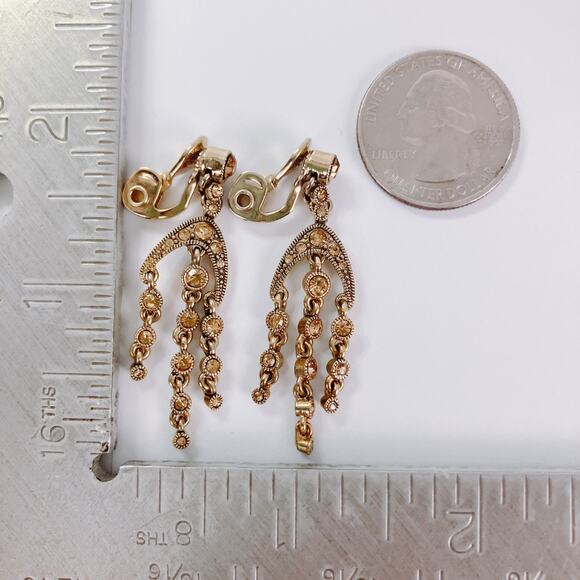 VTG Monet Signed Earrings Rhinestone Chandelier Clip 1970s Sparkling Gold Tone - Picture 10 of 11